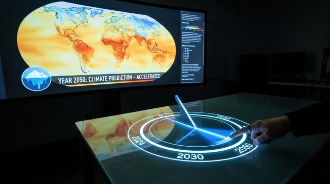 Futuristic digital interface with finger selecting year 2030 on holographic timeline