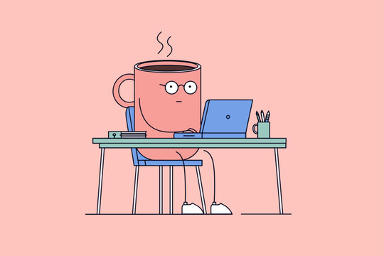 Giant Animated Coffee Mug Working at Tiny Office Desk