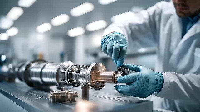 Close up of engineering hands in cleanroom gloves tightening bolts on a rocket motor assembly mounted in a vertical test stand precision torque wrench and calibration checklist