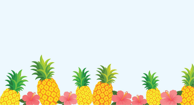 Tropical Pineapple Border Banner with Hibiscus Flowers &ndash; Summer Beach Header Design for Beverage Branding, Party Templates and Packaging