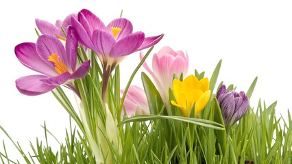 Fototapeta premium Spring flowers on green grass With shadow cut out isolated on white background. AI GENERATED.