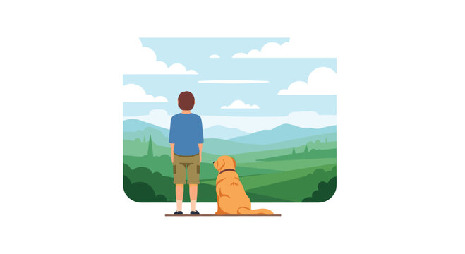 A young boy and his faithful dog stand together looking out over a vast rolling green valley and distant blue mountain range under a cloudy sky with soft natural light.