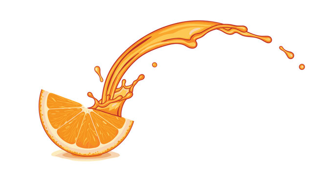 A fresh orange slice releases a dynamic and graceful splash of vibrant orange juice that curves through the air against a pristine white background with bright lighting.