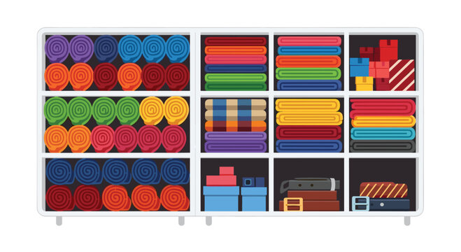 A comprehensive white shelving unit is perfectly organized with colorful rolled towels and neatly folded clothing items alongside various belts and boxes.