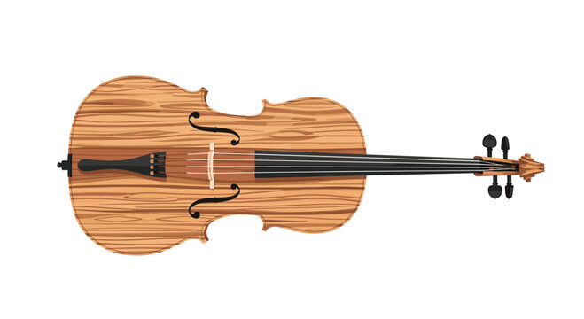 This horizontal illustration showcases a professional cello with a striking natural wood grain texture and elegant black hardware over a clean white surface.