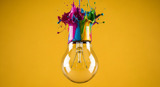 A clear glass light bulb with colorful paint splashing out of the top against a solid yellow background, representing creative ideas
