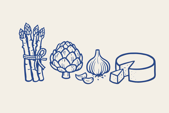 Farm fresh vegetable doodle vector illustration with asparagus, artichoke, garlic and cheese hand drawn set