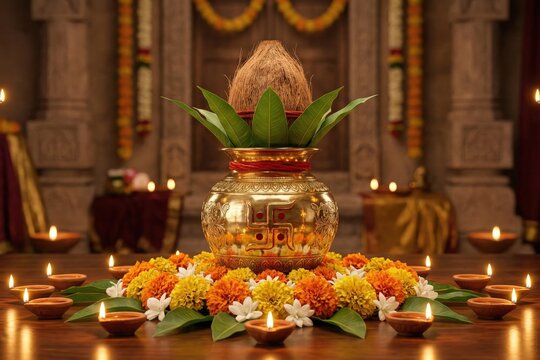 Traditional Hindu Festival Setup with Diyas and Swastik Symbol