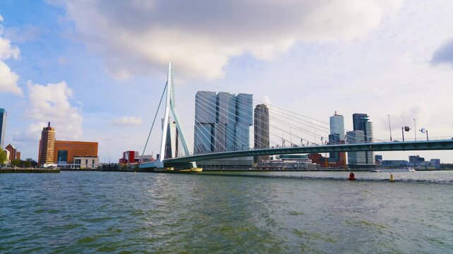 Famous Travel Destinations. Attractive View of Renowned Erasmusbrug (Swan Bridge) in Rotterdam.