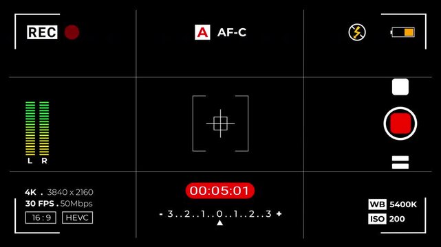 Digital Camera Recording Screen Interface with REC Indicator, Focus Frame, Audio Levels, Timer, and Technical Settings Displayed in 4K Resolution. 4K video with alpha channel