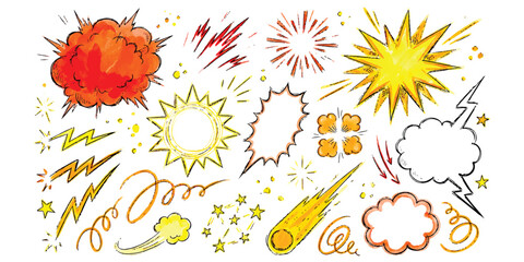 A collection of colorful comic book style explosion and sound effect elements for graphic design ©  creative  marlia
