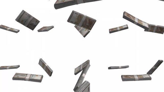 Syria Money, Syrian Pound Banknotes Falling, SYP Currency Stacks, White Background, 4K