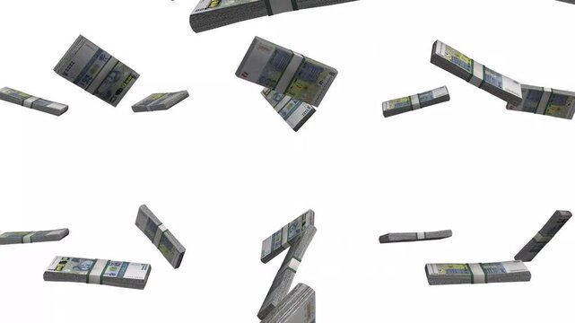 Tajikistan Money, Tajikistani Somoni Banknotes Falling, TJS Currency Stacks, White Background, 4K