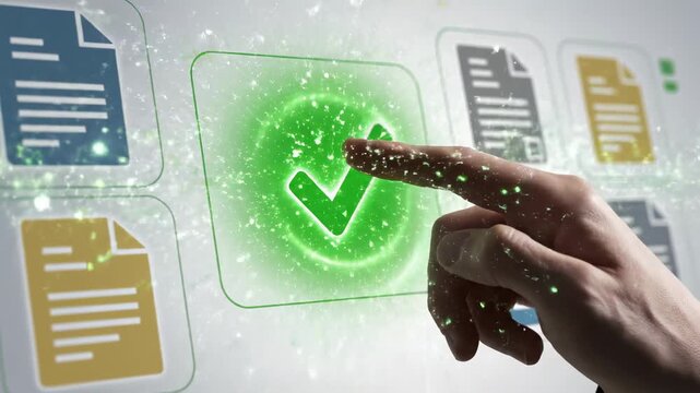 This shows a hand interacting with a digital interface featuring a green checkmark button and various document icons, illustrating a concept of technology and innovation.