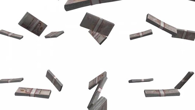 Thailand Money, Thai Baht Banknotes Falling, THB Currency Stacks, White Background, 4K