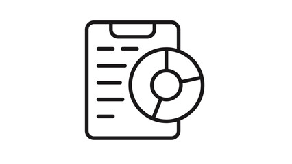 Black vector icon illustration of a clipboard with a pie chart, representing data analysis, business reporting, financial statistics, and project management in a minimalist line art style.