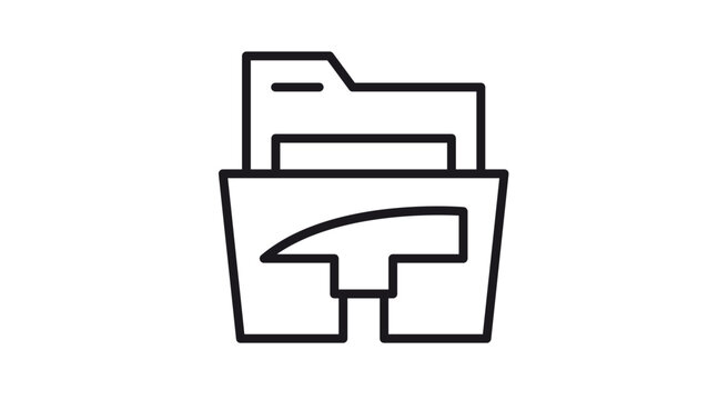 Minimalist black line vector icon of a file folder containing a document with a hammer symbol on the front, ideal for construction project management, DIY guides, and tool organization.