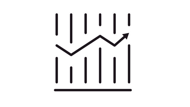 Minimalist black vector icon of a financial line graph with an upward arrow and vertical bars, representing business growth, data analytics, market trends, and success symbol illustration.