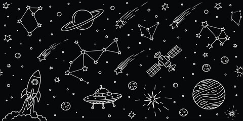 Hand drawn doodle pattern of space elements featuring rockets planets and bright constellations ©  creative  marlia