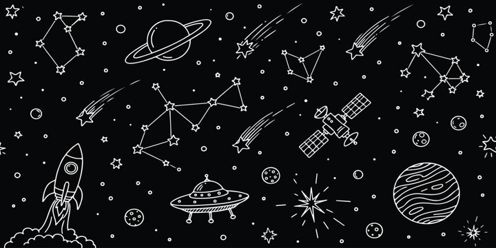 Hand drawn doodle pattern of space elements featuring rockets planets and bright constellations