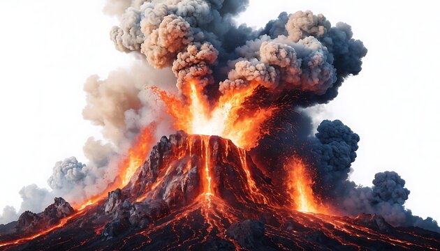 Volcanic eruption volcano erupts with hot lava With shadow cut out isolated on white background. AI GENERATED.