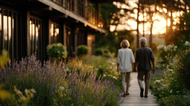 Elderly couple walking hand in hand through peaceful garden walkway at sunset near retirement home, symbolizing love, companionship, and serene aging in natural surroundings