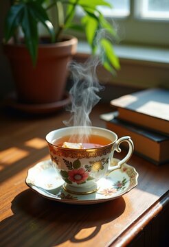 Steaming Herbal Tea In Delicate China On Natural Wooden Reading Desk Surrounded By Books
