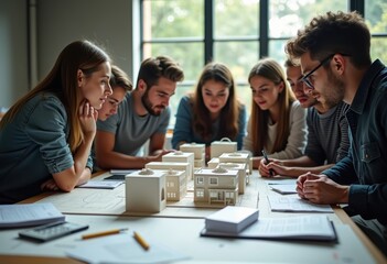 Fototapeta premium Architecture Students Collaboratively Reviewing Detailed Building Models on a Spacious Desk Amidst Tool Kits