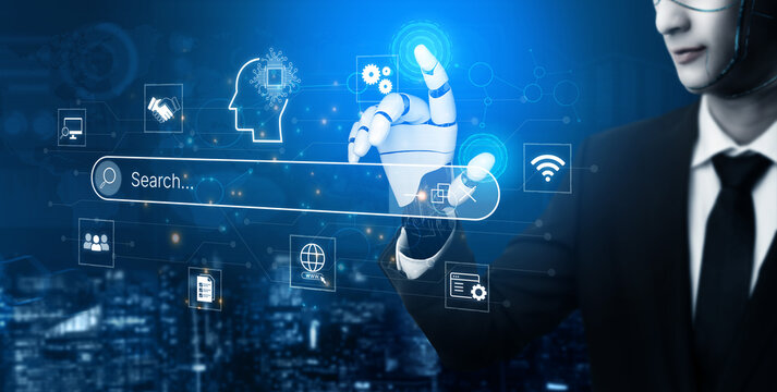 Artificial intelligence AI search concept enabling smarter discovery, recommendations to digital services and knowledge. Generative AI search engine algorithm provide user intent result. Corpus