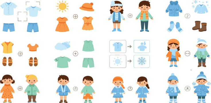 Kids seasonal clothing collection with summer and winter outfits, children fashion wardrobe infographic set for weather based dressing illustration