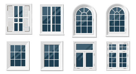 Obraz premium Diverse set of architectural window designs features various styles including arched frames, shutters, and different pane patterns.