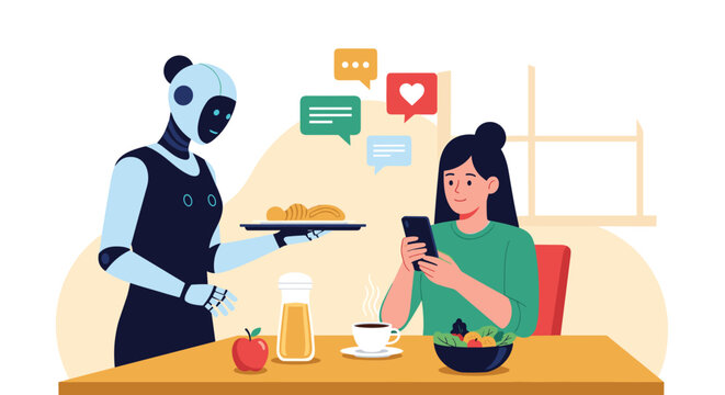 Futuristic robot waiter serves a meal to a woman at a restaurant table while she browses social media notifications on her phone.