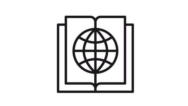 Minimalist black line vector icon of an open book with a globe symbol on its pages, representing global education, world knowledge, international studies, and geography information resources.