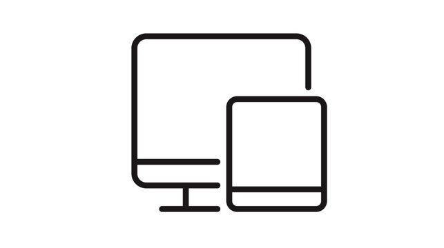 Minimalist black line vector icon illustration of a desktop computer monitor and a tablet mobile device, representing multi-platform technology, responsive web design, and digital connectivity.