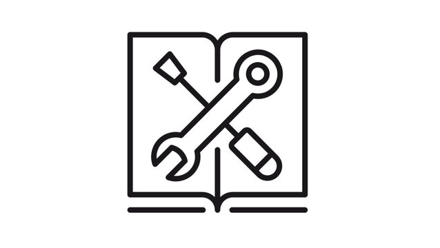 Technical Manual and Repair Guide Vector Icon Illustration: Open Book with Crossed Wrench and Screwdriver Symbol for Maintenance, Service Instructions, and DIY Support Documentation.