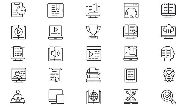 25 Minimalist Black Line Vector Icon Set Bundle for E-learning, Online Education, Business Management, Technology, Customer Support, Digital Library, Success, and Remote Work Concepts.