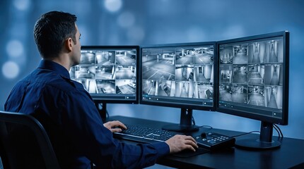 Fototapeta premium Male security operator monitoring multiple CCTV camera feeds on three computer screens in a dimly lit control room with a blue background