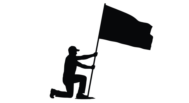 Man kneeling holding a blank flag pole vector graphic illustration for custom branding design.