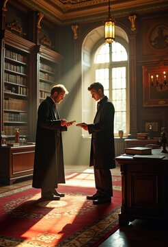 Extravagant Tutor and Affluent Student Engaged in Intense Mathematics Study in Opulent Home Library