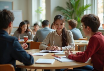 Fototapeta premium Private Language School Interactive Conversation Class Engaging Comfortable Room Learning Atmosphere