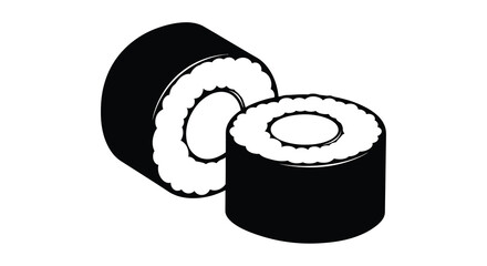 A black and white illustration depicts two pieces of sushi one whole and one cut in half © ArtBySalea07