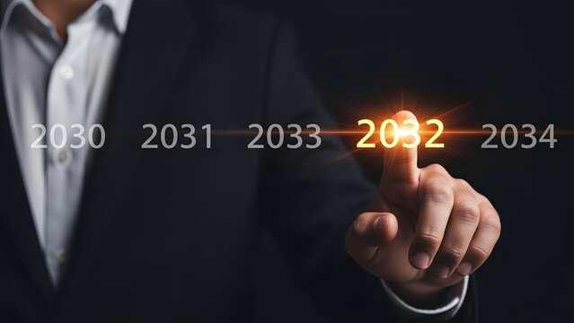 Hand selects the glowing year '2032' from a futuristic digital timeline.