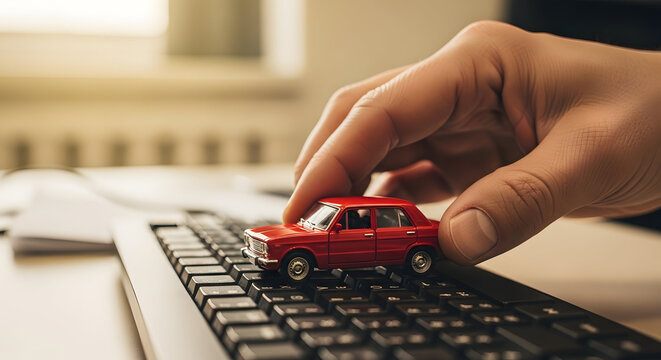 Hand placing red toy car on laptop keyboard for business success and online marketing concept