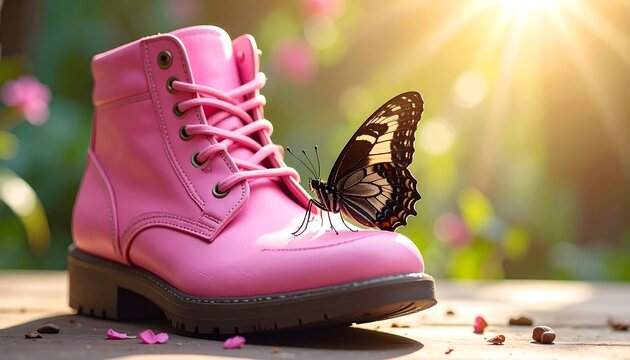 Bright, pink boot with laces rests on a wooden surface, adorned with a butterfly, bathed in sunlight