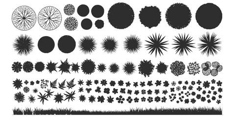 A comprehensive collection of black and white top view architectural tree and shrub symbols set. ©  creative  marlia