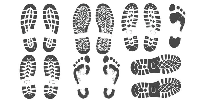 A collection of various shoe sole tread patterns and human barefoot prints on a white background