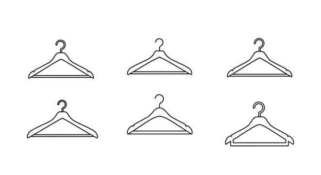 Six clothing hangers arranged in a minimalist style silhouette