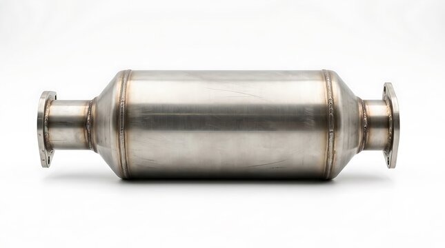 A shiny metal catalytic converter for automotive exhaust system on white background