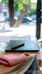 Naklejka premium Digital graphic tablet with stylus pen on office desk in bright workspace, vertical 9:16 designer mockup