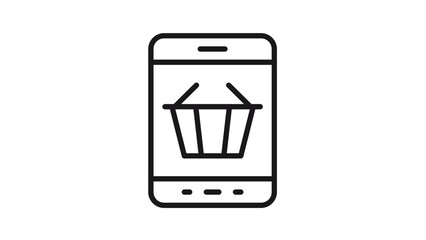 Minimalist black vector icon illustration of a smartphone with a shopping basket on the screen, representing mobile e-commerce, online retail, digital marketplace, and internet shopping. © Asad